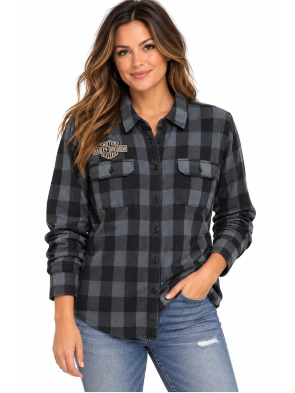 Harley-Davidson Women's Winged Logo Patch Plaid Long Sleeve Shirt